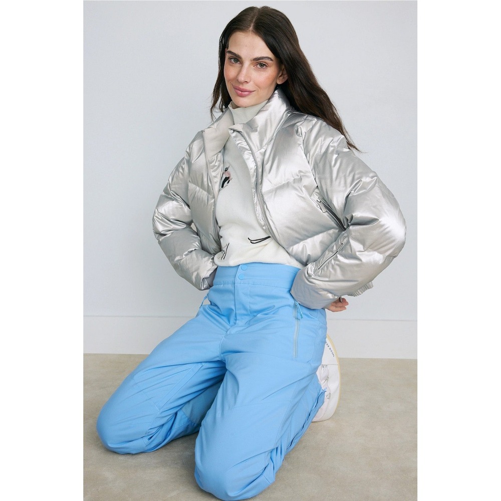Sweaty Betty Ski Jacket Silver Metallic Cropped Waterproof Puffer US 8